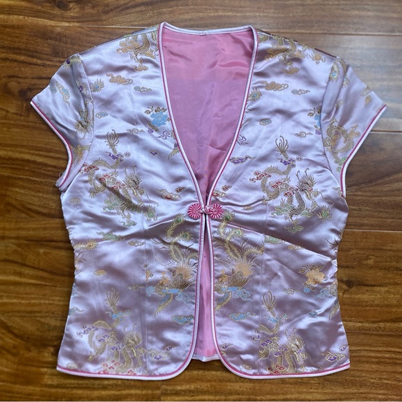 Vintage Tops - Vintage Women's Blush Pink Floral Dragon Satin Asian Cheongsam Top Size 0 Boho
